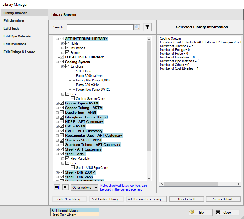 The Library Manager window with the Cooling System junction libraries connected.